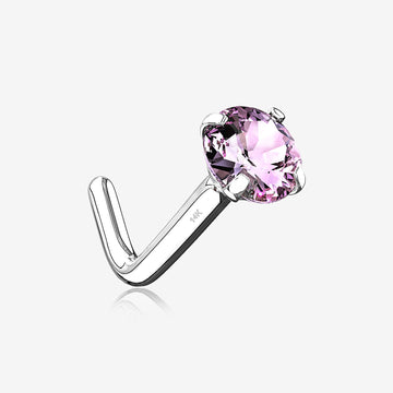 14 Karat White Gold Prong Set Gem Top L-Shaped Nose Ring-Pink